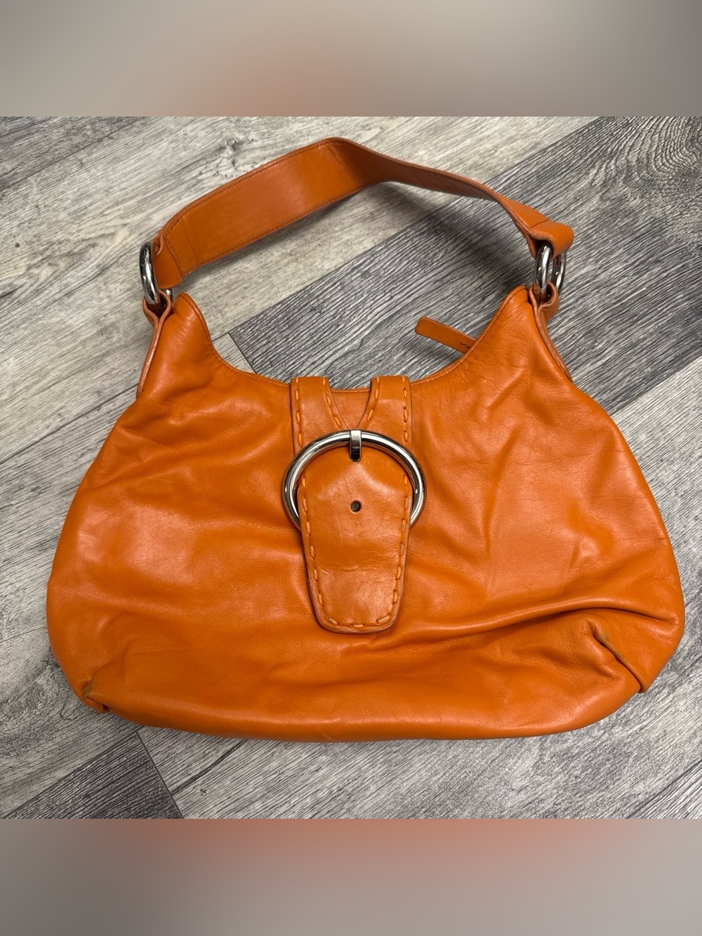 DESMO Orange Leather Shoulder Bag with Silver Buckle